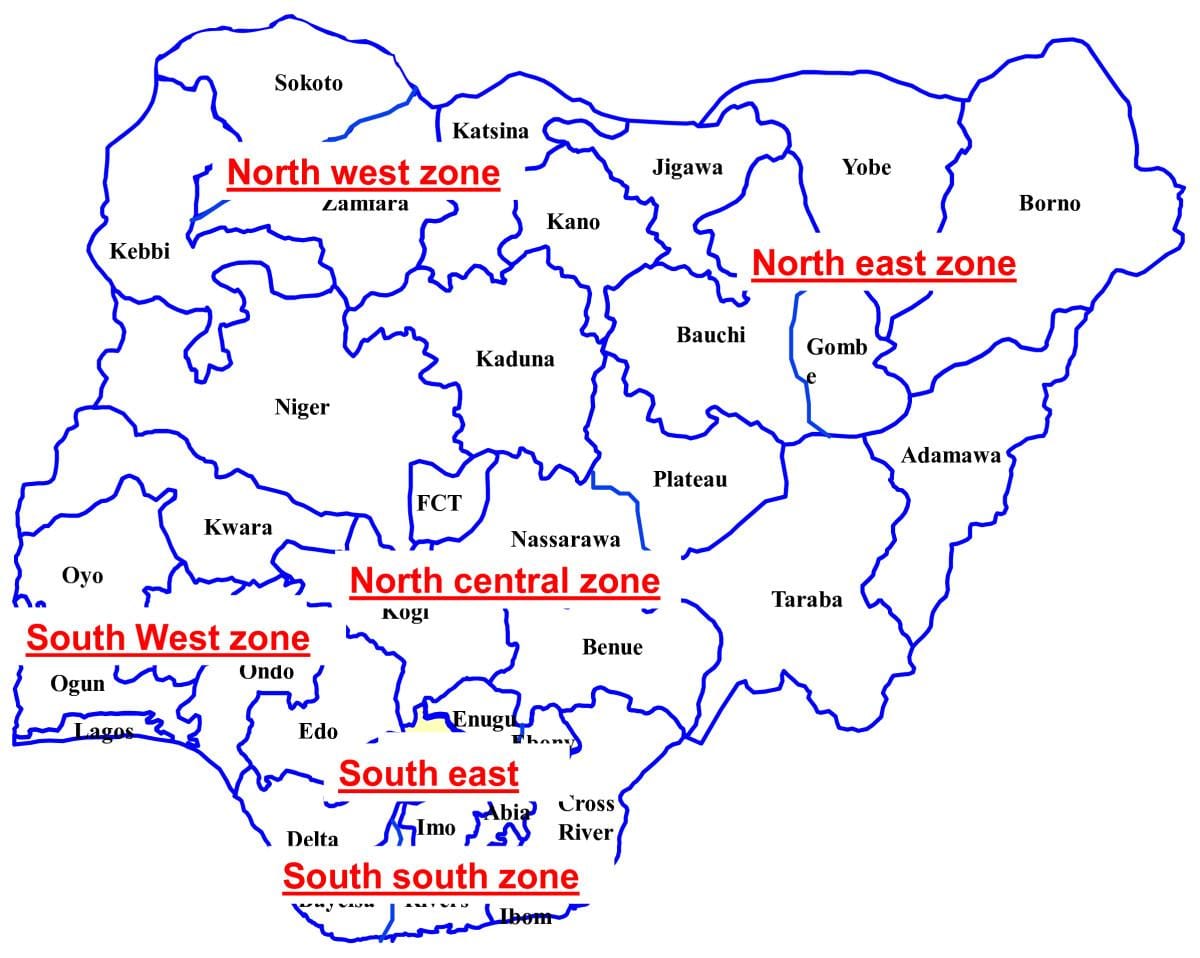 মানচিত্র, নাইজেরিয়া দেখাচ্ছে ছয় ভূ অঞ্চল